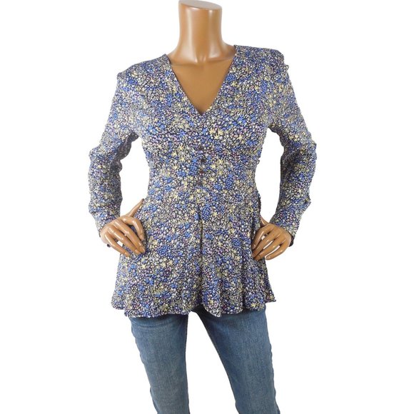 LEITH Top L Floral Ditsy Print Blouse V Neck Shirt Long Sleeves Multi-Colored - Picture 3 of 11